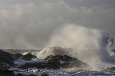 Fırtınalı deniz dalgaları kuzey Portekiz sahillerinden gün batımında kayaları kırıyor..