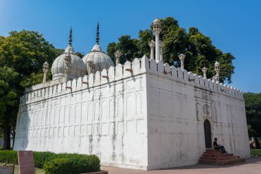 OLD DELHI, INDIA - NOVEMBER 03, 2022: Moti Mescidi Kızıl Kale, Delhi, Hindistan. UNESCO Dünya Mirası Alanı