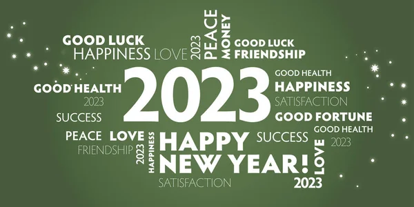 お祝いや季節の装飾のためのポストカード幸せな新年2023 緑の背景 — ストックベクタ