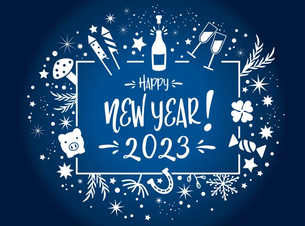 Neujahrsgrüße 2023 Blauer Hintergrund Kalligrafischer Text Vector Illustration — Stockvektor