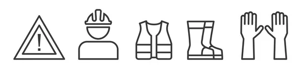 反光背心 手套和工作服等安全的工作符号和标志 白色背景的可编辑矢量细线图标集合 — 图库矢量图片
