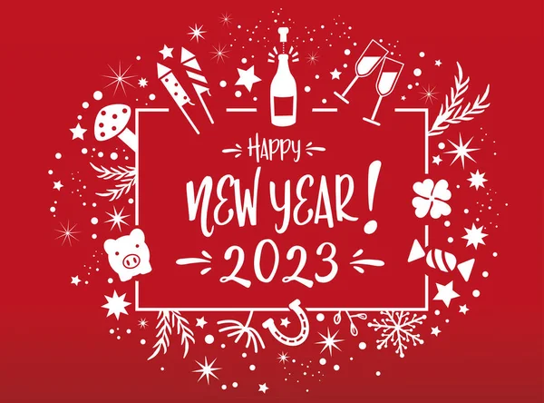 新年祝福2023 书法和符号 祝您新年快乐 红白相间的贺卡 红白相间的字体 — 图库矢量图片