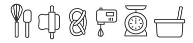 Set of bakery line icons. Kitchen utensils. Whisk, dough scraper, rolling pin, pastry, handheld electric mixer, line icons. Editable vector thin line icon collection on white background