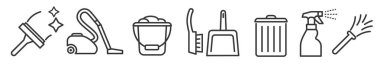 Temizlik aletleri koleksiyonu - beyaz arkaplanda vektör düzenlenebilir ince çizgi simgeleri