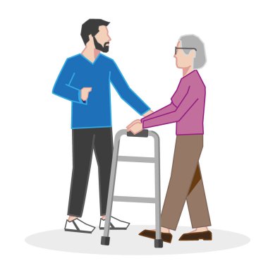 Bakıcı ya da gönüllü işçi yaşlı bir kadına bakıyor. Yürüyüş yardımcılarıyla yürüyor. - Beyaz arkaplanda vektör illüstrasyonu