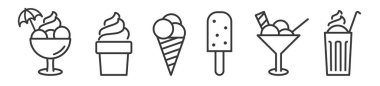 İnce çizgi dondurma ikonları koleksiyonu - beyaz arka planda vektör çizimi - sundae, koni, parfe, buzlu kahve ve donmuş yoğurt