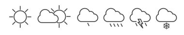 Hava tahminlerinin ikon kümesi. Güneşli, bulutlu, yağmur, gök gürültülü ve kar yağışı - Vektör İllüstrasyonu - Düzenlenebilir İnce Çizgi Simgeleri Web ve Yazdırma için beyaz arkaplan üzerine koleksiyonu