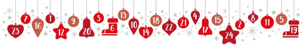Banner Calendário Advento Natal Bugigangas Coloridas Vermelho Com Números Brancos Vetores De Stock Royalty-Free