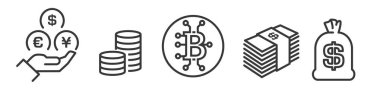 Para koleksiyonu, para birimi ve Kripto para birimi - Vektör Satır Simgeleri - Beyaz arkaplan üzerindeki ana web simgesi - Düzenlenebilir Vuruş