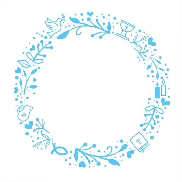 Baptism Christening Template Wreath Christian Symbols Blue White — Stock Vector