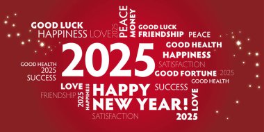 Yeni yıl tebrikleri- kırmızı zemin üzerinde beyaz harflerle 2025 rakamlarıyla