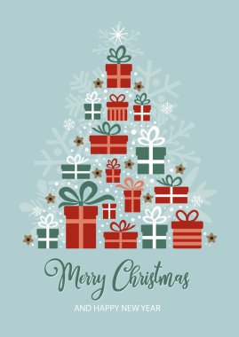 Mutlu noel kartı hediye yığını ve Noel ağacı
