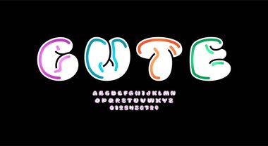 Çizgi film tarzında çok renkli yazı tipi, çizgi roman alfabesi, büyük harf ve sayılar, vektör illüstrasyonu 10EPS