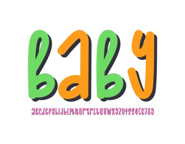 Çizgi film tarzında kaligrafik yazı tipi, alfabe, karalama stilinde yuvarlak renkli harf ve sayılar, vektör illüstrasyonu 10EPS