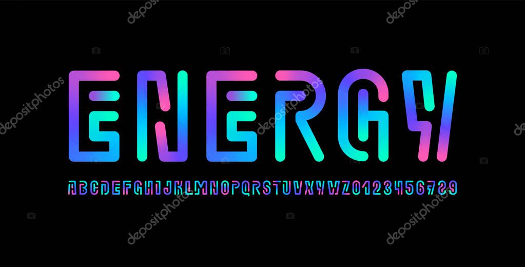 Technology abstract font alphabet made in bright style letters and numbers, vector illustration 10EPS