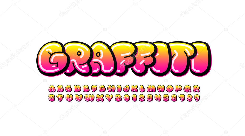 Graffiti font, comic alphabet in the cartoon style, uppercase letters and numbers, vector illustration 10EPS
