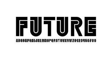 Kalın segment çizgisinden dijital yazı tipi gelecek alfabesi, asgari teknoloji tarzı harfler ve sayılar, vektör illüstrasyonu 10EPS