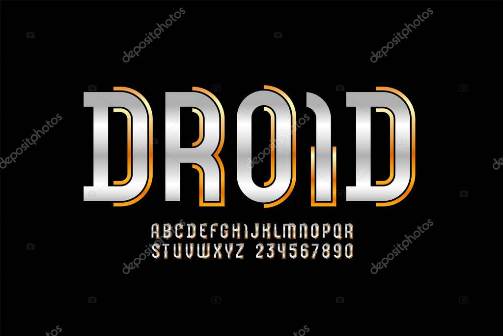 Concept metallic font, modern alphabet, trendy letters and numbers made of silver outline and golden pieces, vector illustration 10EPS