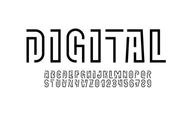 Sektör siyah çizgisinden dijital yazı tipi alfabesi, minimum teknoloji tarzı harf ve sayılar, vektör illüstrasyonu 10EPS