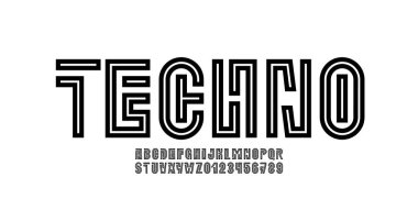 Satırdan dijital yazı tipi alfabesi, asgari teknoloji tarzı harfler ve sayılar, vektör illüstrasyonu 10EPS