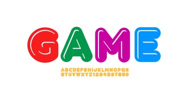 Çocuk yazıtipi, parlak alfabe, modern harf ve sayılar, vektör illüstrasyonu 10eps