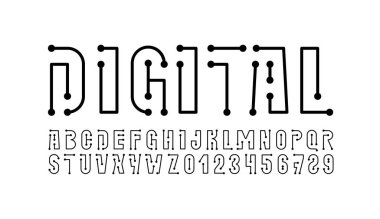 Dijital teknoloji yazı tipi, geleceğin tekno alfabesi, çok ince harfler ve sayı, vektör illüstrasyon 10EPS