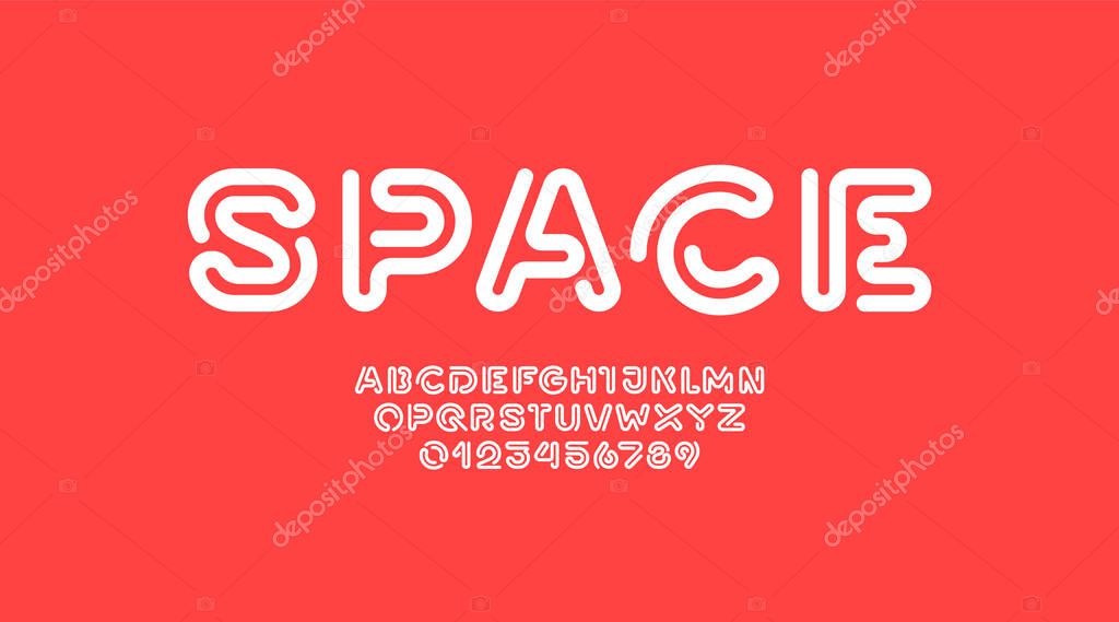 Digital style alphabet, font from rounded thick line, linear style letters and numbers made space design, part three, vector illustration 10EPS