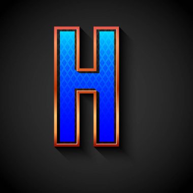3d Golden font with gold contour, trendy metal alphabet, modern letter H with grid texture, vector illustration 10eps