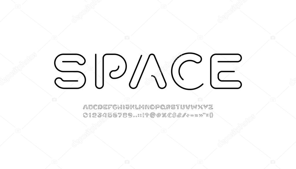 Digital style alphabet, font from rounded line, letters and numbers made in linear style, vector illustration 10EPS
