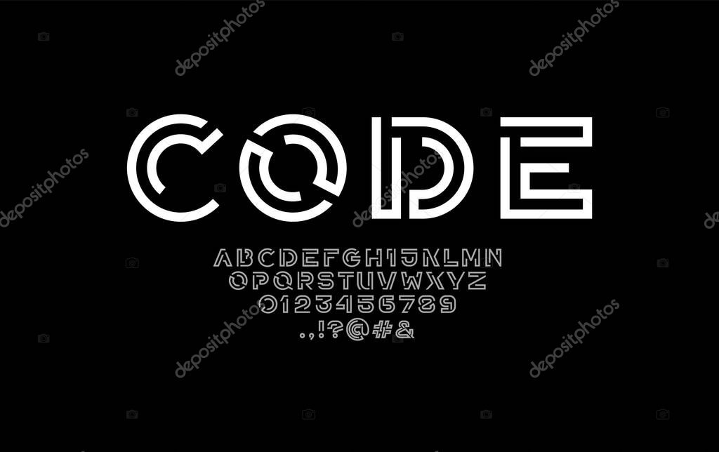 Digital style alphabet, font from line, letters and numbers made in linear style, vector illustration 10EPS