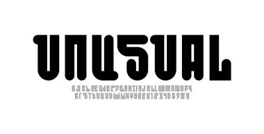 Sıra dışı alfabe yazı tipi, sanat tipografisi benzersiz harf ve sayılar, vektör illüstrasyonu 10EPS