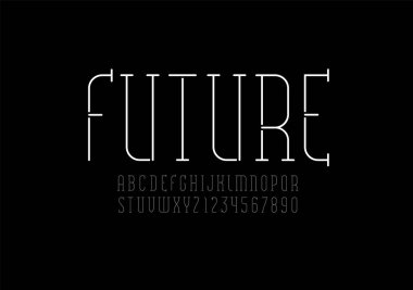 Ultra ince çizgi, stencil dar alfabe, modern yoğunlaştırılmış harf ve sayıların yazı tipi, vektör illüstrasyonu 10EPS