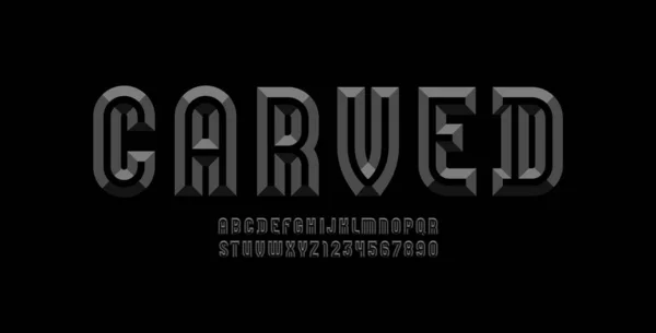 Alphabet Chiseled Block Facet Dark Font Beveled Letters Numerals — Stockvektor