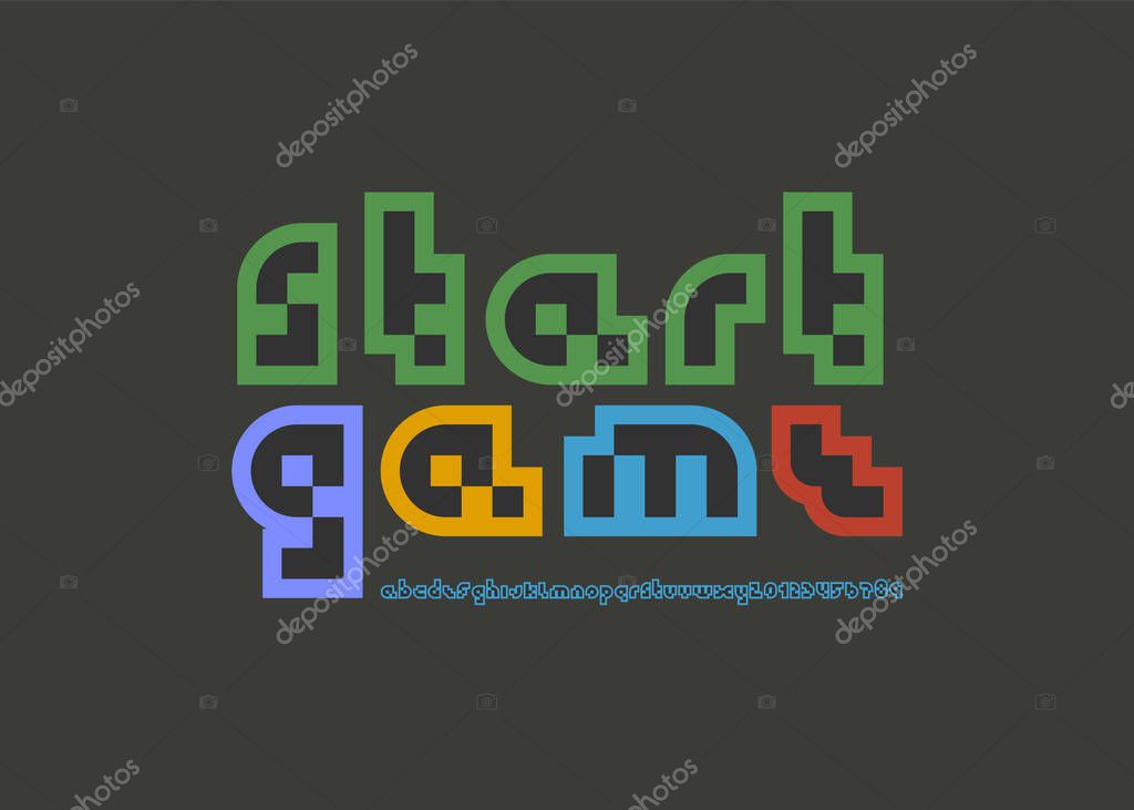 Pixel font, trendy alphabet, multi colored letters and numbers and punctuation marks, vector illustration 10eps