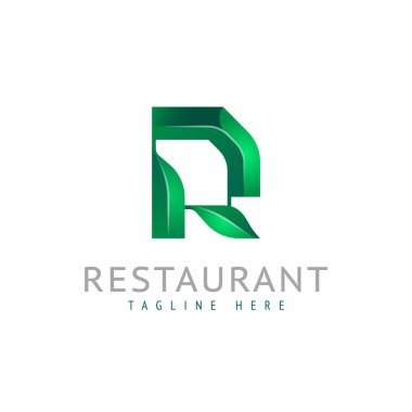 3d Latince harf R ile eko yaprak logosu, yeşil yazı tipi alfabesi, vektör illüstrasyonu 10EPS