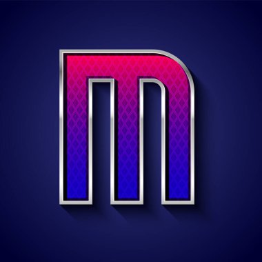 Krom hatlı 3d metalik yazı tipi, modaya uygun gümüş metal alfabe, ızgara desenli modern harf M, vektör illüstrasyon 10eps