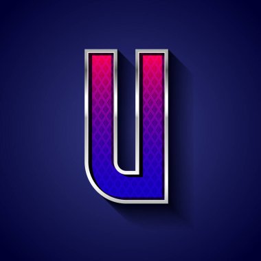 Krom hatlı 3d metalik yazı tipi, modaya uygun gümüş metal alfabe, ızgara desenli modern harf U, vektör illüstrasyon 10eps