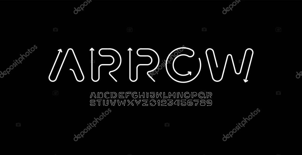 Alphabet font from rounded thin line with arrows, letters and numbers made in linear style, vector illustration 10EPS