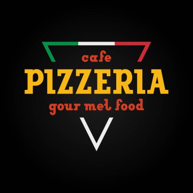 Pizzeria logo şablonu, kafeler, fast food restoranları veya servis pizzaları için tasarım amblemi veya rozeti, vektör illüstrasyonu 10EPS