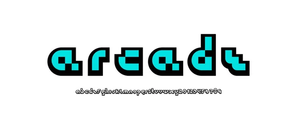 Fonte Pixel Alfabeto Moderno Letras Números Brilhantes Ilustração Vetorial 10Eps —  Vetores de Stock