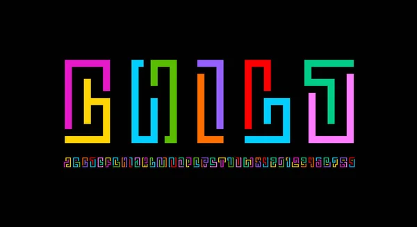 Alphabet Police Ludique Ligne Couleur Segment Lettres Chiffres Style Jeu — Image vectorielle