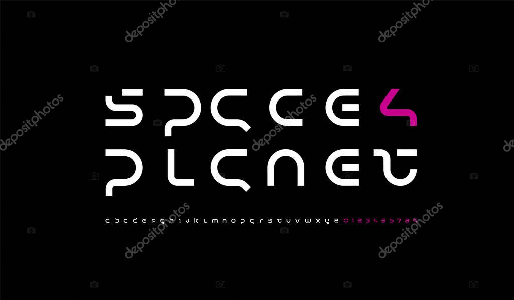 Technology science font, digital cyber alphabet made futurism style, Latin lowercase letters A-Z and Arab numerals 0, 1, 2, 3, 4, 5, 6, 7, 8, 9 space style