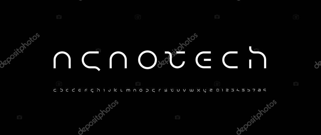 Technology science font, digital cyber alphabet made space future design, Latin lowercase letters A-Z and Arab numerals 0-9 space style