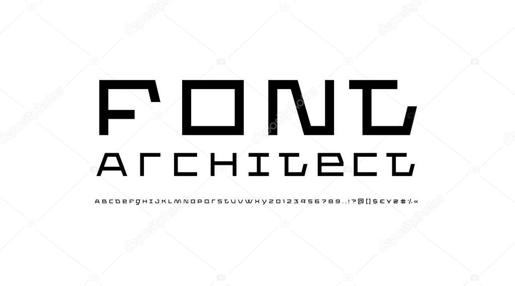 Tech thin font futuristic alphabet, trendy modern Latin letters and Arab numerals for you future design or brand name or logo, vector illustration 10EPS