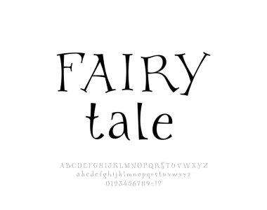 Peri alfabesi, fantezi yazı tipi harikalar diyarı tarzı, sihirli Latin harfleri ve Arap rakamları, vektör illüstrasyonu 10EPS