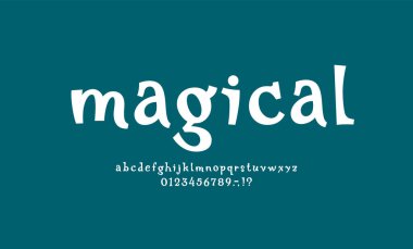 Peri alfabesi, fantastik kalın yazı tipi harikalar diyarı tarzı, sihirli küçük Latin harfleri ve Arap rakamları, vektör illüstrasyonu 10EPS