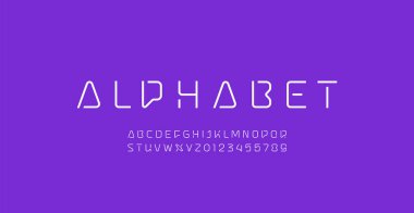 Teknik yazı tipi, dijital ince alfabe, A 'dan Z' ye Latince harfler ve senin için 0 'dan 9' a Arap rakamları, ui ux tasarımlar, vektör illüstrasyonu 10EPS