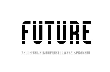 Yoğunlaştırılmış yazı tipi, yüksek alfabe, siyah modern harfler ve numaralar, tasarımlarınız için logo, film afişi, sinema posteri, spor ve daha fazlası, vektör illüstrasyonu 10EPS