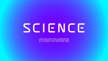 Teknik yazı tipi, dijital yuvarlak alfabe, A 'dan Z' ye beyaz Latince harfler ve 0 'dan 9' a kadar Arap rakamları tasarımlar, 10EPS vektör illüstrasyonu