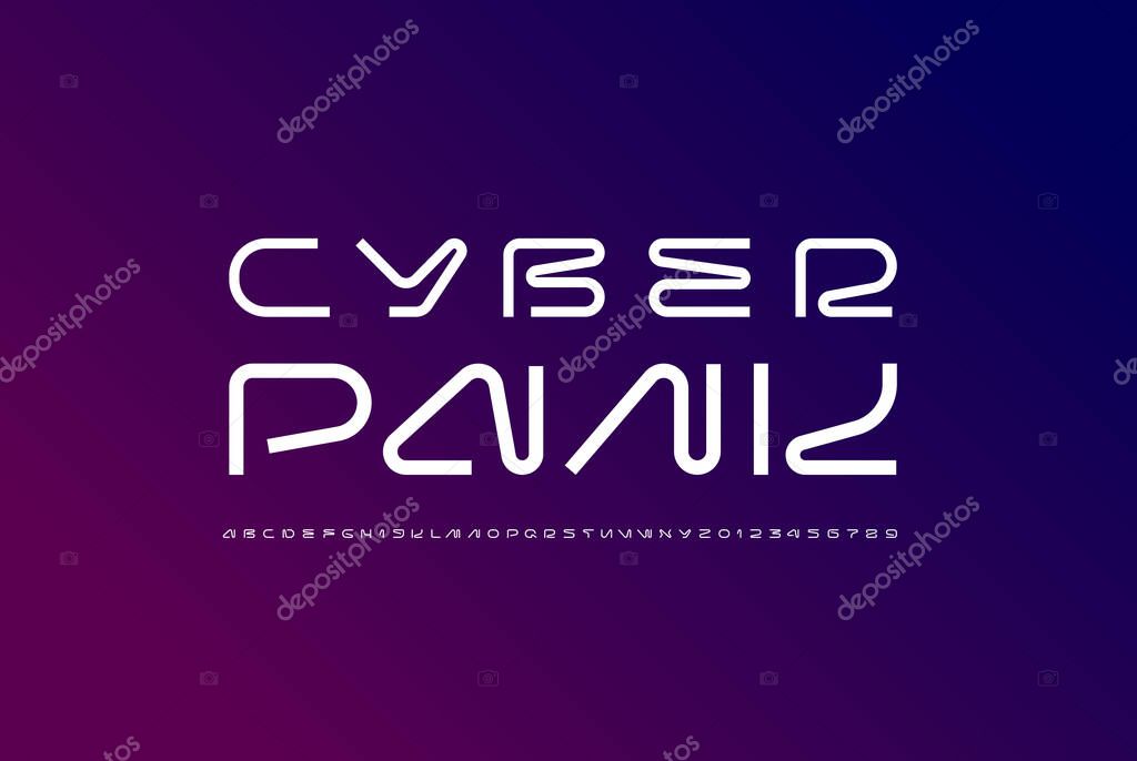 Technical wide thin future font, digital cyber alphabet, trendy original uppercase letters from A to Z and numbers from 0 to 9 for interface design, vector illustration 10EPS